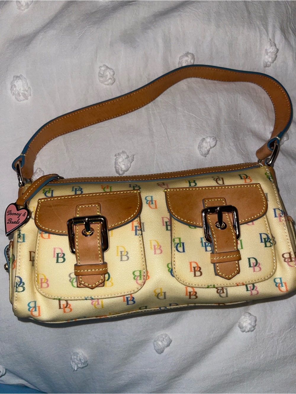 Dooney & Bourke Cream Multicolor DB Logo Shoulder Bag with Tan Trim